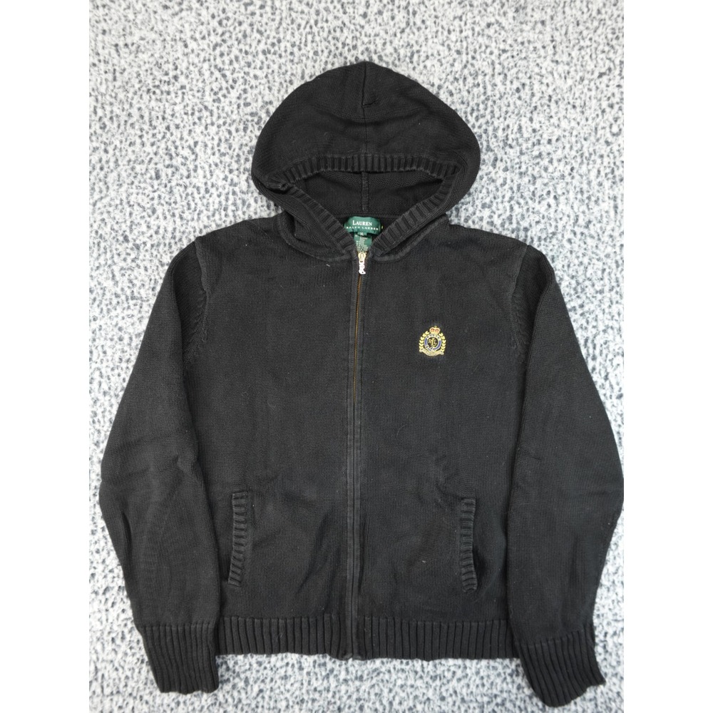 Lauren Ralph Lauren Full Zip Hoodie Womens XL‎ Black Crest Patch Cotton Sweater